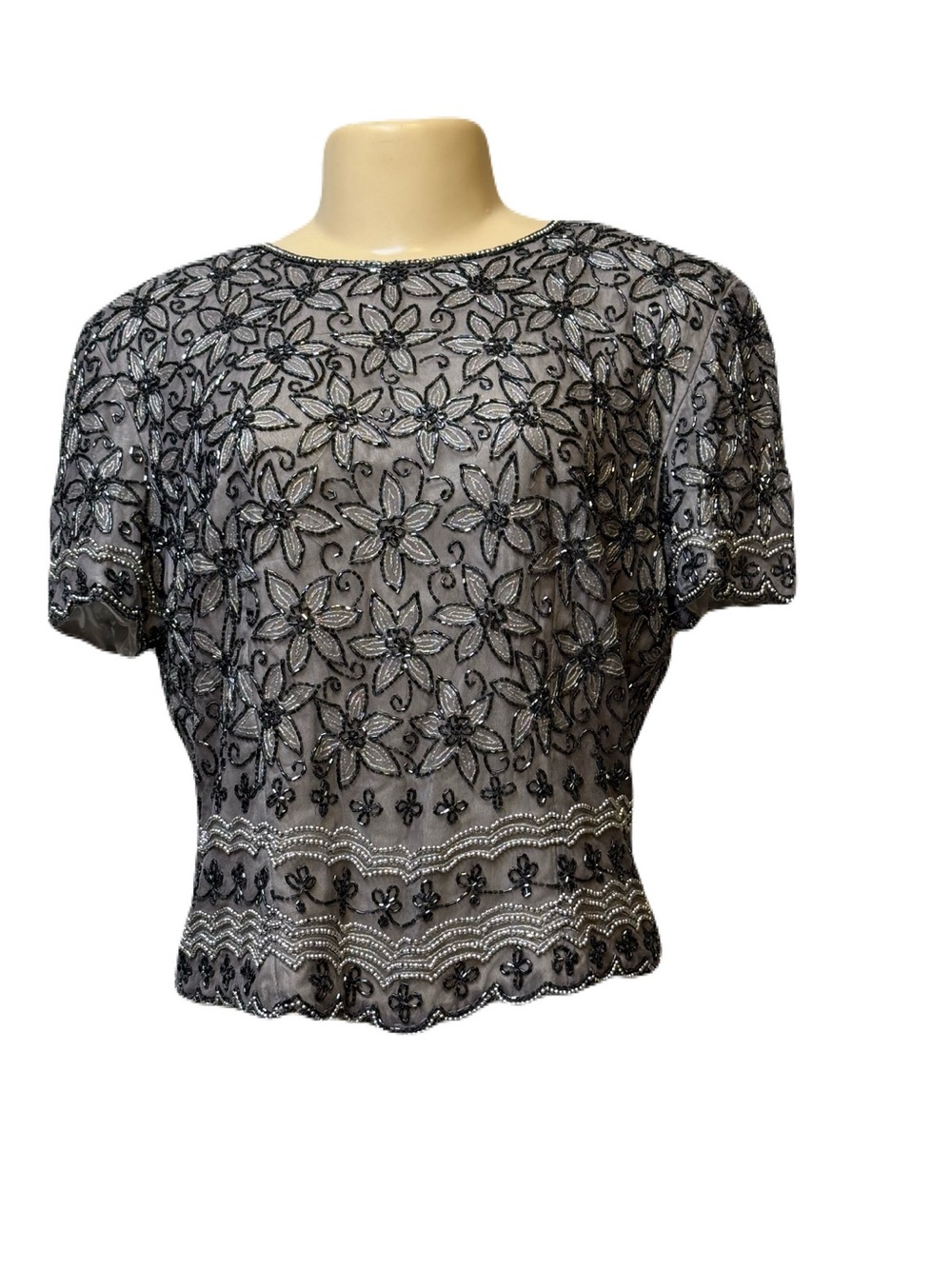 Adrianna Papell Black Beaded Floral Lace Short Sleeve Top